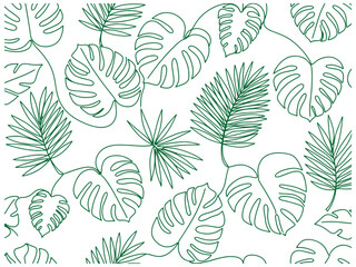 Fototapeta premium Vector Monstera and Tropical Leaves Pattern in Green on White Background