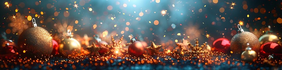 Panoramic Christmas Ornament Background with Bokeh Lights and Glittering Stars