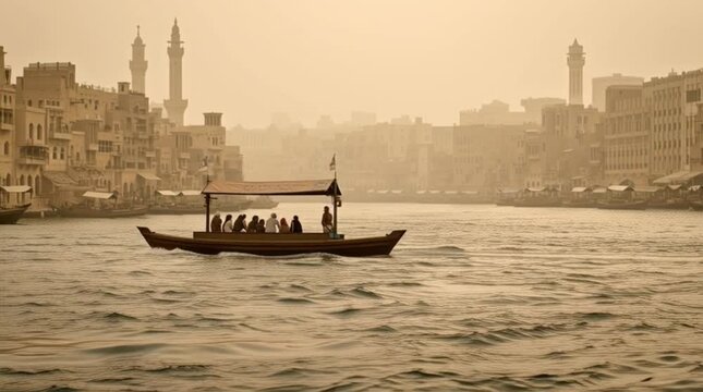 Old Town Dubai City Abra Boat Crossing Dubai Creek at Sunset
