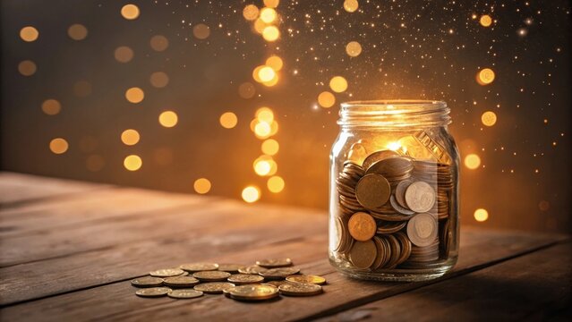 Save money grow wealth coins in jar with magic light