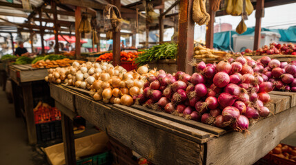 Vibrant produce like golden onions, red onions, and fresh green vegetables are displayed on wooden stalls at a lively outdoor farmers market in the daytime.