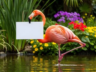 Flamingo holding blank sign with vibrant floral background copy space