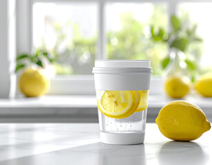 A glass of water with lemon slices in it sits on a table. Concept of freshness and health, as the lemon slices add a natural and refreshing touch to the water