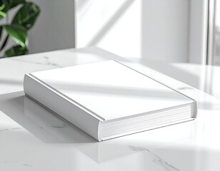 A white book sits on a table. The book is empty and has no writing on it. The table is made of marble and has a window behind it