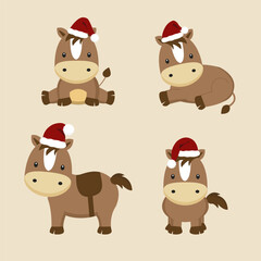 Set of cute horses with Santa hats in different poses &ndash; vector Christmas cartoon illustration