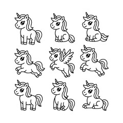Different unicorn illustrations showing various poses and styles, perfect for children s art and creative projects