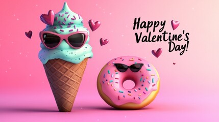 Whimsical valentines day greeting featuring an ice cream cone and a donut, both wearing sunglasses, against a pink background