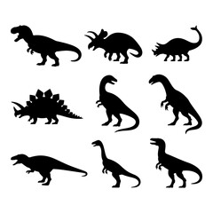 Dinosaurs in silhouette showcasing a variety of species including T-Rex, Triceratops, and more against a simple background