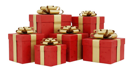 Obraz premium Stack of red gift boxes with gold ribbons isolated on transparent background
