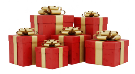 Stack of red gift boxes with gold ribbons isolated on transparent background