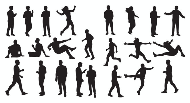 Versatile collection of people silhouettes showcasing a wide range of human figures in various dynamic poses and everyday activities like walking, running, and interacting.