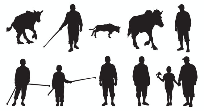 Vector art collection of human and animal silhouettes for design projects. Includes farmers, children, herders, and donkeys, isolated on a white background for easy use.