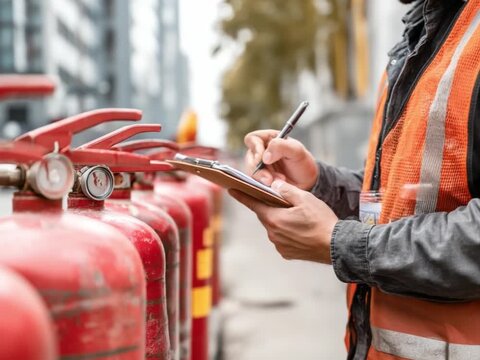 Fire Safety Inspection: A safety professional meticulously inspects fire extinguishers, ensuring adherence to safety standards and preparedness. 