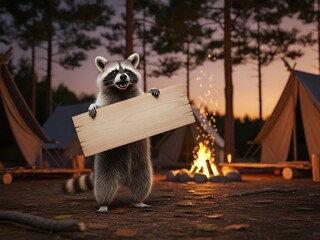 Raccoon holding a wooden sign near a campfire with tents in the background