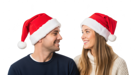 Couple wearing santa hats looking at each other, isolated on transparent background