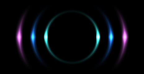 Black background with a concentric purple blue pattern and copy space, symmetrical background with neon circles.