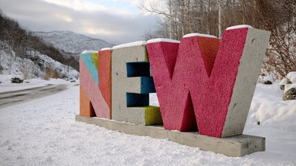 Colorful three-dimensional letters spelling 'NEW' stand prominently in a snowy landscape, surrounded by trees and mountains, conveying a sense of freshness and seasonal change
