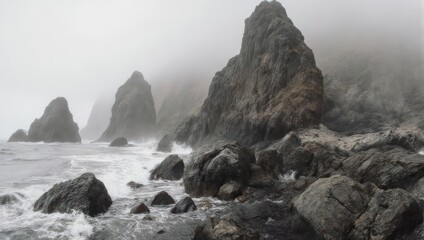 Misty Coastal Scene with Rocky Outcrops and Crashing Waves.