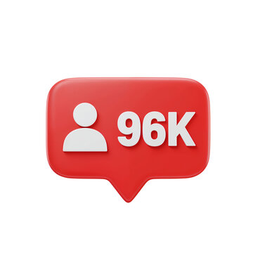 Social media follower count notification 96k for online engagement and growth isolated on transparent background