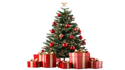 Decorated Christmas Tree with Red Gifts isolated on a transparent background 1