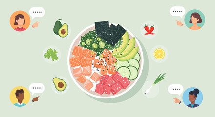 healthy dietary choices with fresh seafood vegetables and fruits in a balanced