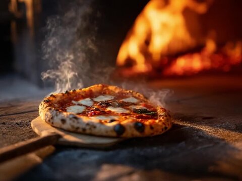 Pizza's Oven Bliss: A freshly baked pizza, adorned with succulent toppings, emerges from the warm embrace of a fiery oven, promising a symphony of flavors and aromas.