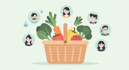 diverse group of people sharing healthy fresh vegetables in a basket