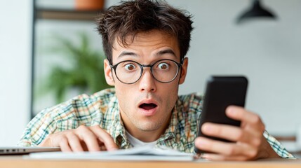 Young man with glasses, is surprised while looking at smartphone screen, sitting at a desk with papers and laptop, capturing a moment of astonishment and engagement with technology