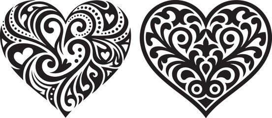 Ornamental Hearts Collection with Intricate Floral Scrolls and Swirls Decoration for Cards or Greetings Template Isolated on Transparency