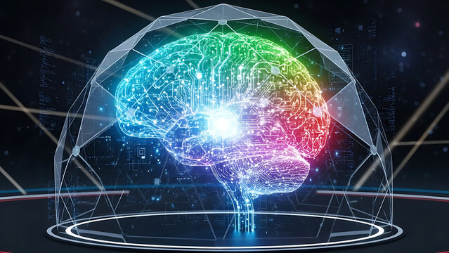 Futuristic glowing brain illustration evokes innovation, artificial intelligence, and scientific discovery in a modern tech world, perfect for cutting-edge designs