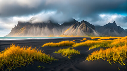 Dramatic mountain landscape with black sand dunes and golden grass
