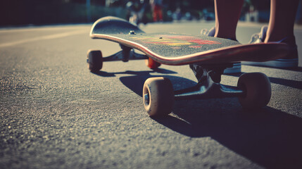 A skateboard rests on asphalt, waiting for its rider to showcase their skills in an afternoon freestyle session, embracing the urban culture's vibrant energy.