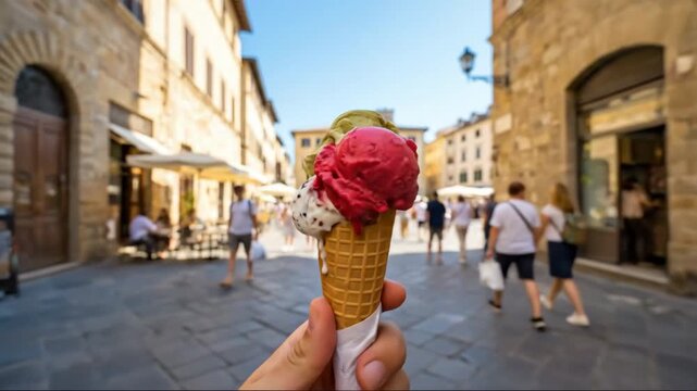 Point of view enjoying gelato on a sunny European street.