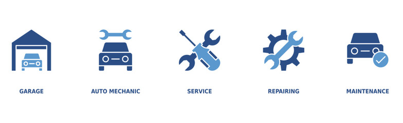 Car servicing banner web icon vector illustration concept with icon of garage, auto mechanic, service, repairing and maintenace