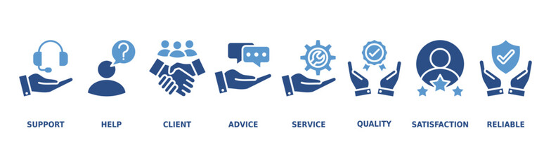 Customer care banner web icon vector illustration concept for customer support and telemarketing service with an icon of help, client, advice, chat, service, reliability, quality, and satisfaction