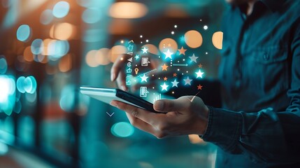 Person holding a tablet with glowing digital connections and bokeh lights