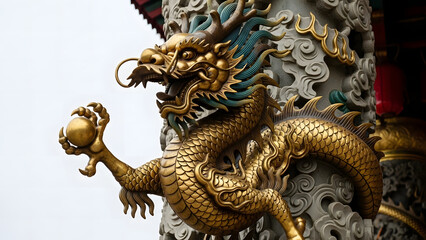 Obraz premium Magnificent Golden Chinese Dragon Statue Wrapped Around Temple Pillar Holding Pearl