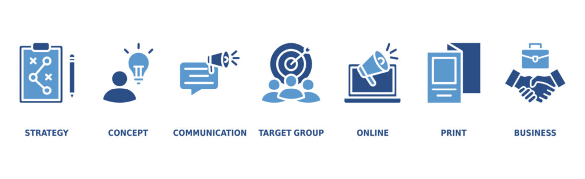 Marketing banner web icon vector illustration concept with icon of strategy, concept, communication, target group, online, print and business
