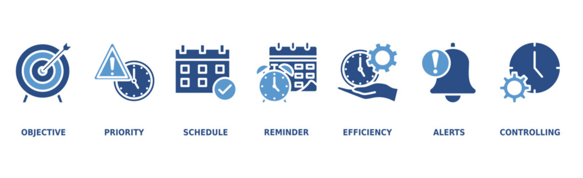 Time management banner web icon vector illustration concept with icon of objective, priority, schedule, reminder, efficiency, alerts, and controlling