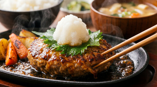 熱々湯気立つ！和風大根おろしハンバーグ定食 - ご飯が進む絶品日本の味