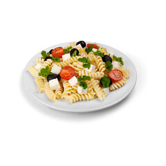 Delicious Fusilli Pasta Salad with Feta Cheese and Olives.