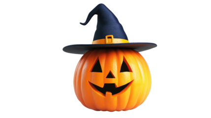 Orange Pumpkin Wearing Witch Hat isolated on a transparent background 
