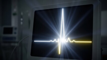 A brightly glowing electrocardiogram ecg waveform displayed on a medical monitor, symbolizing critical care, life, health, and emergency medical services in a hospital setting