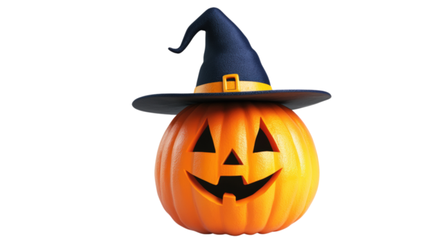 Orange Pumpkin Wearing Witch Hat isolated on a transparent background 
