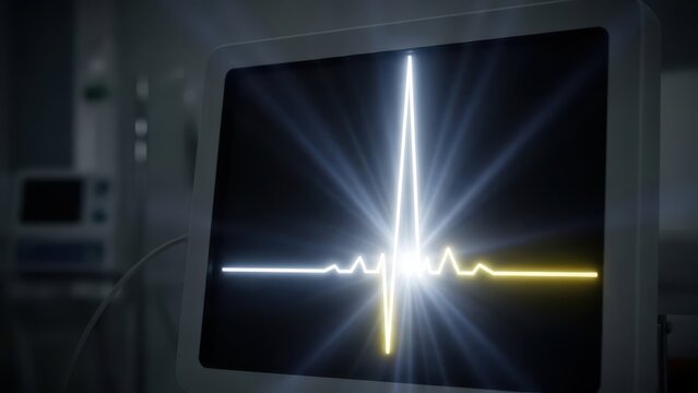 A brightly glowing electrocardiogram ecg waveform displayed on a medical monitor, symbolizing critical care, life, health, and emergency medical services in a hospital setting - Powered by Adobe