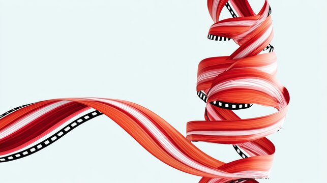 Abstract design featuring vibrant red and orange ribbons intertwined with film strip elements, creating a dynamic visual representation of creativity and cinematic storytelling