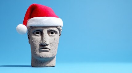 Stone statue wearing a festive Santa hat, set against a bright blue background, creating a whimsical holiday atmosphere with a playful twist on traditional decor and art