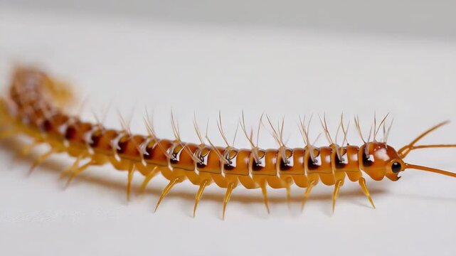 Close-up of a brown centipede on white surface with focus on legs and antennae