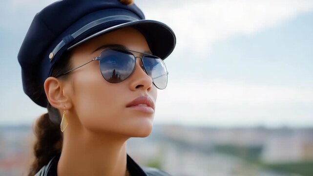 Confident hispanic female police officer wearing sunglasses outdoors