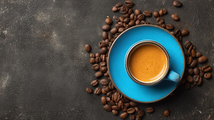 Obraz premium Aromatic espresso is presented in a vibrant blue cup on a textured dark surface, surrounded by freshly roasted coffee beans, inviting warmth and induence.